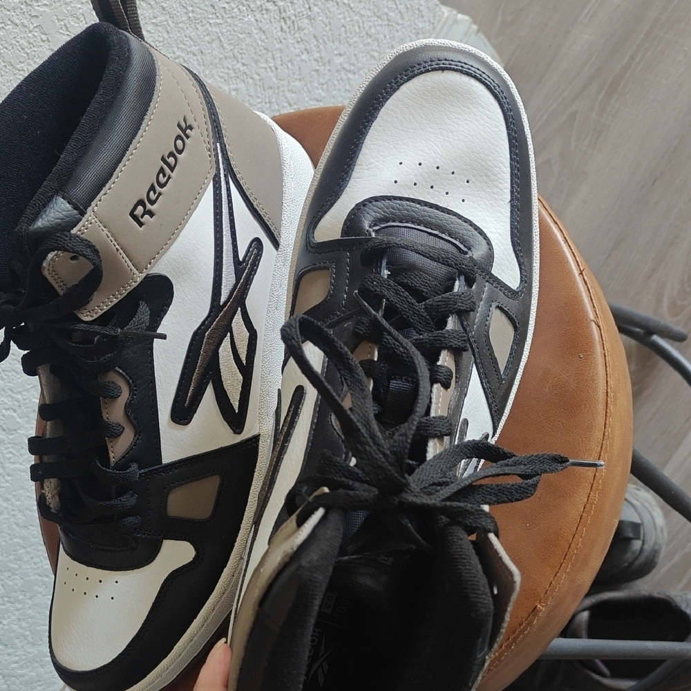 Reebok High-Top Sneakers in Black, White, and Tan - Picture 3 of 5